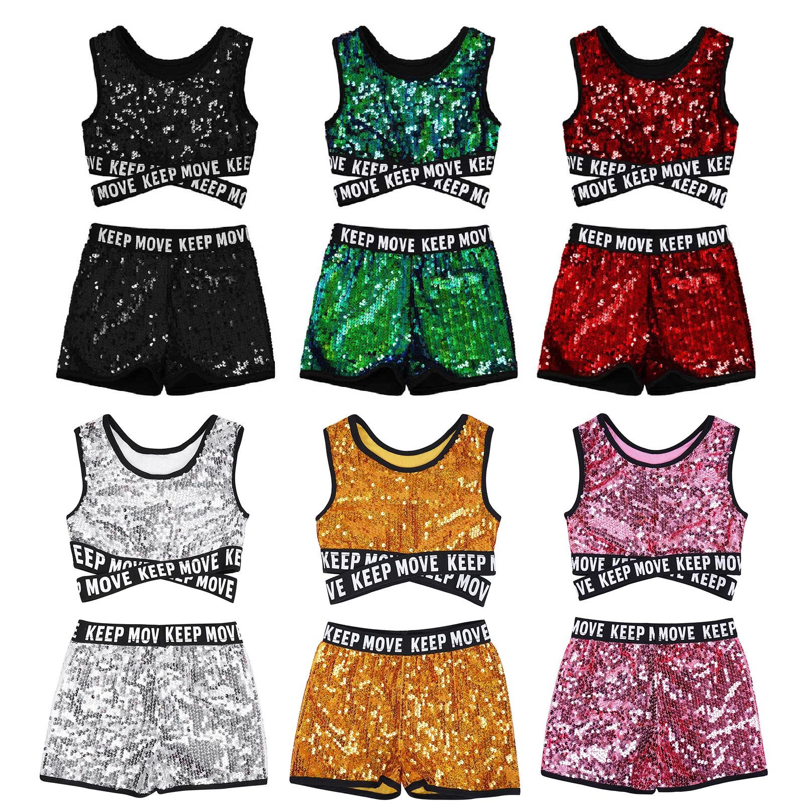 

Fashion Shiny Sequins Jazz Costumes Kids Girls Hip Hop Dance Clothing Sleeveless Tank Crop Top with Shorts Set Performance Wear