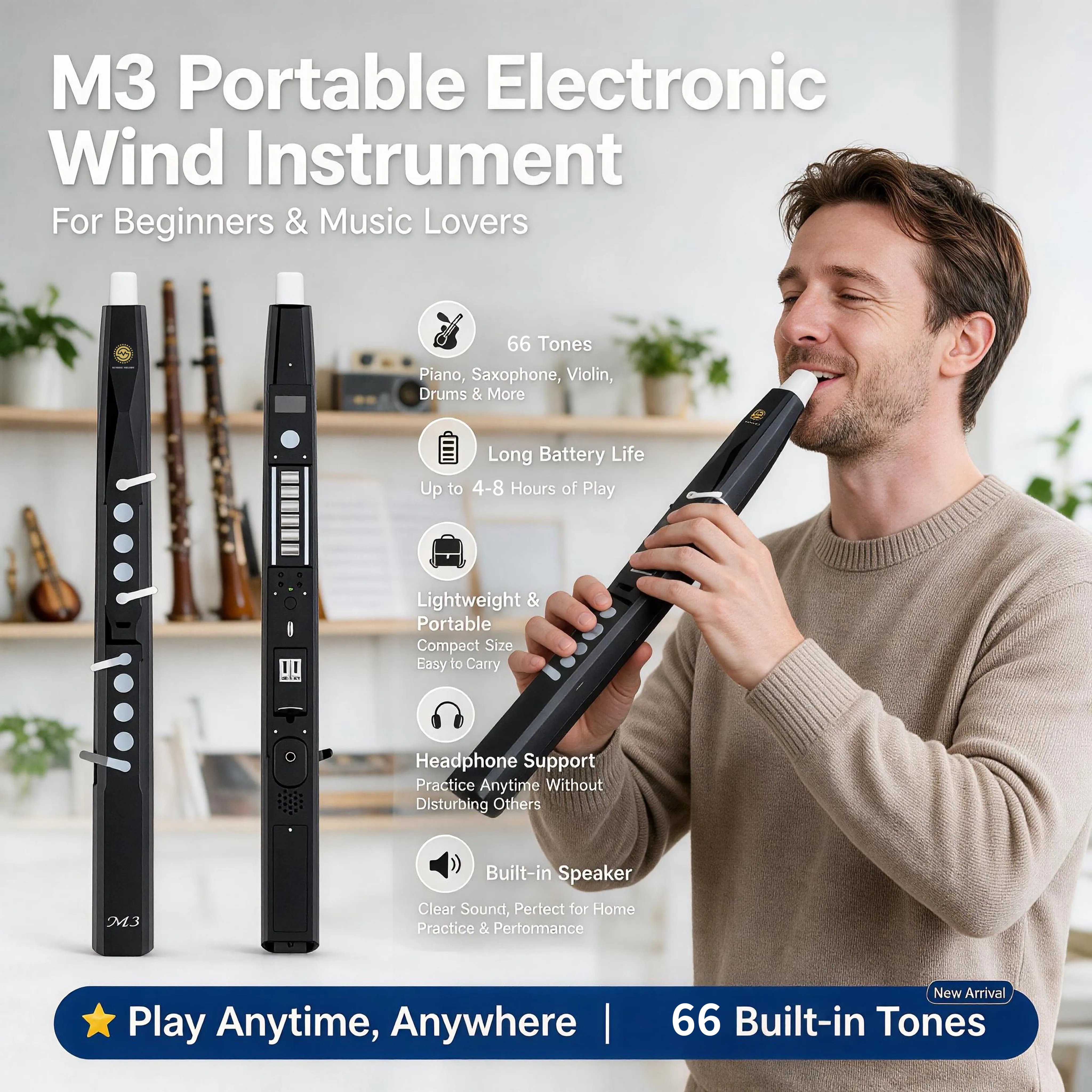 SUNRISE MELODY M3 EWI - Easy-to-Start Rechargeable Professional Digital Wind Instrument with 66 Tones, Built-in Speaker