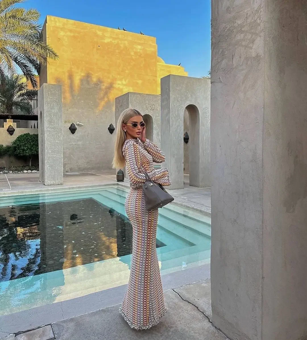 Fdey Fashion Backless Vacation Party Robes Vestidos Women Chic Long Sleeve Green Contrast Elegant O-neck Bodycon Maxi Dresses