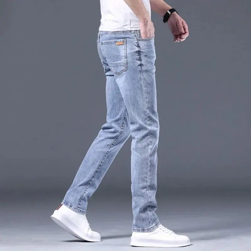 Jeans jeans de luxo high-end masculino, calça skinny coreana, monocromática, azul claro, streetwear de golfe, roupa de outono, nova, 2024