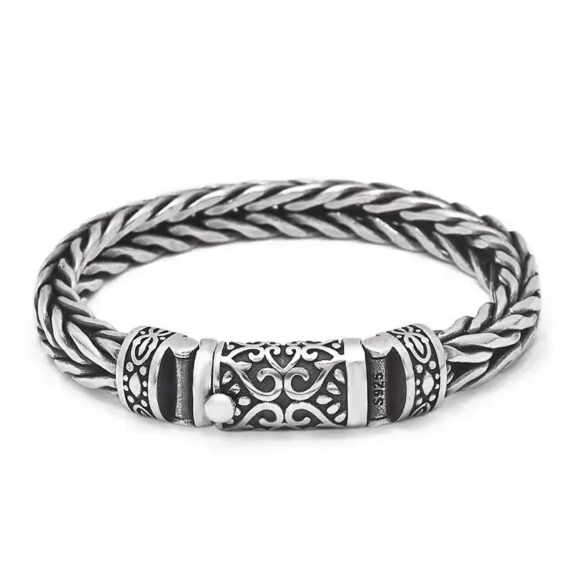 Handwoven Engraved Bracelet Vintage Thai Style Chunky for Men Adjustable Artisanal Macrame Natural Fiber Bohemian Festival Gift