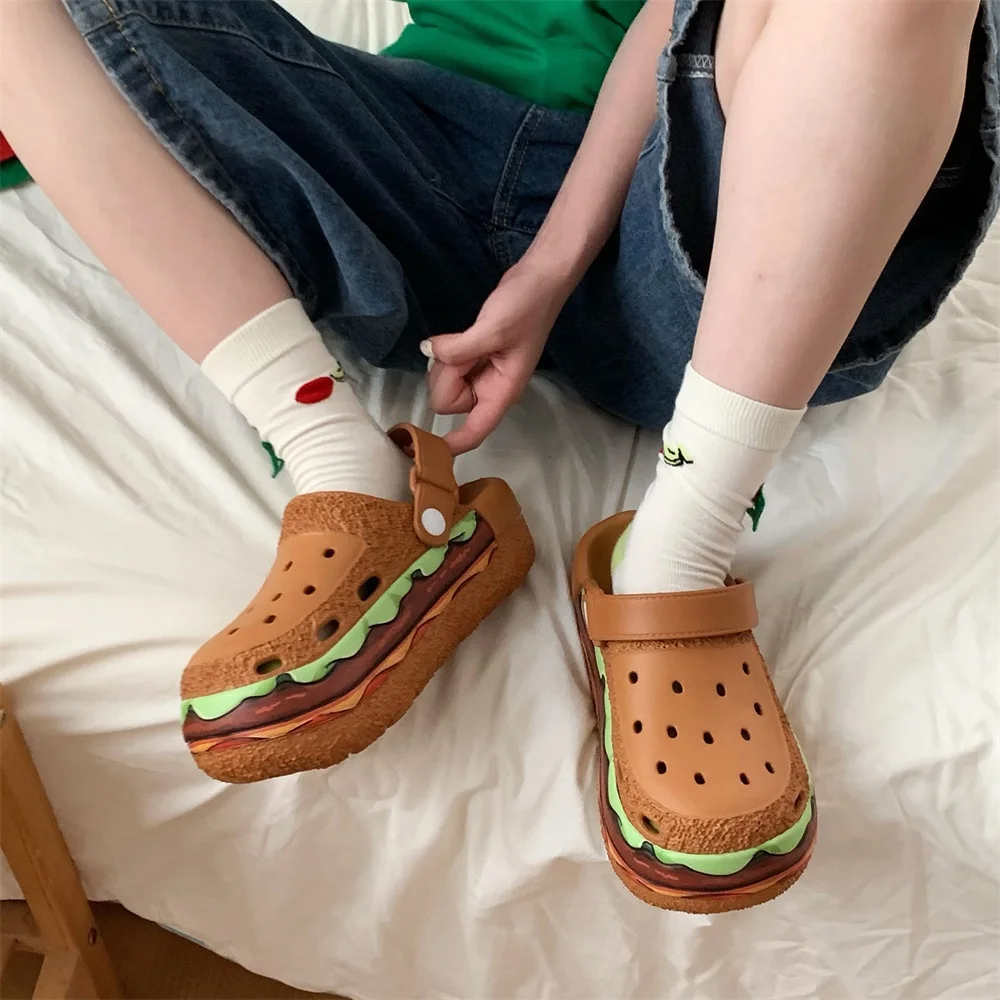 Women Summer funny Burger Platform Slides Food Design Chunky Thick Sole Clogs Breathable Hollow Casual Beach Sandals Slippers image 6