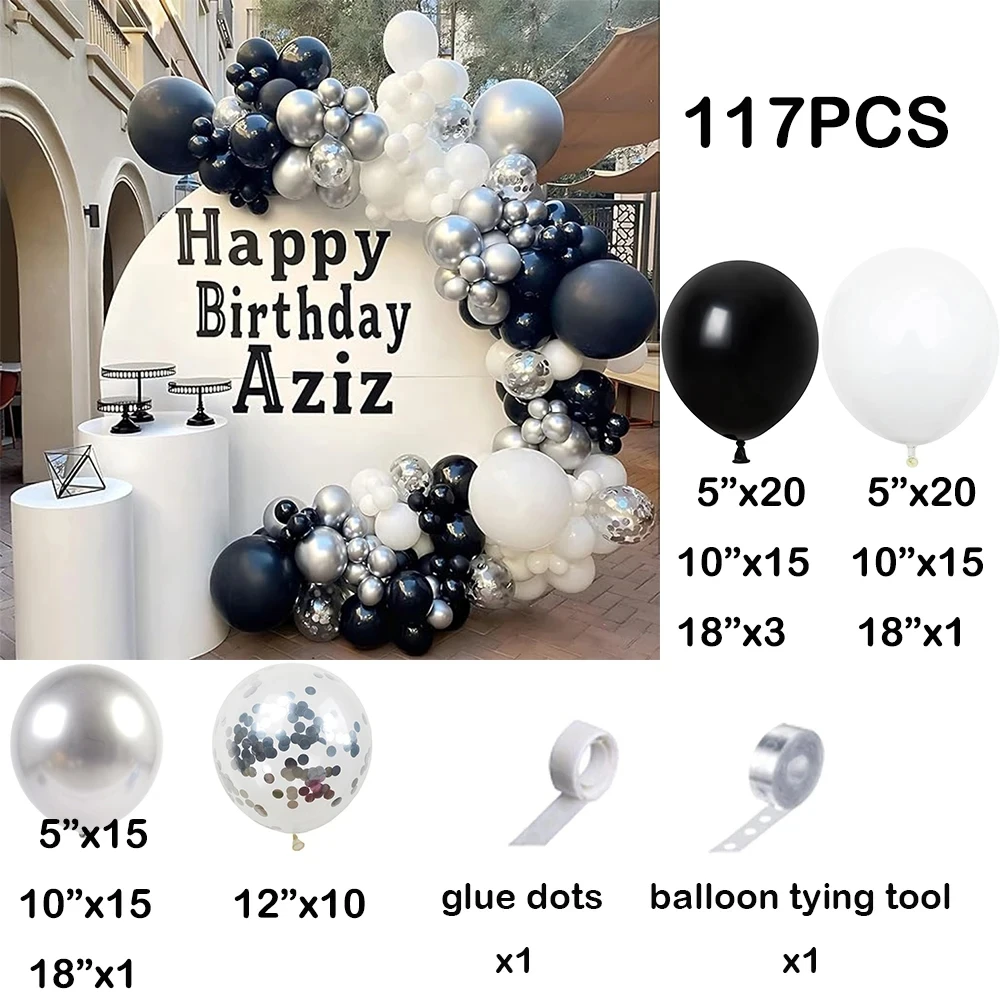 White Black Balloon Kit Silver Confetti Balloons Garland Arch Birthday Party Baby Shower Wedding Anniversary Decoration Globos