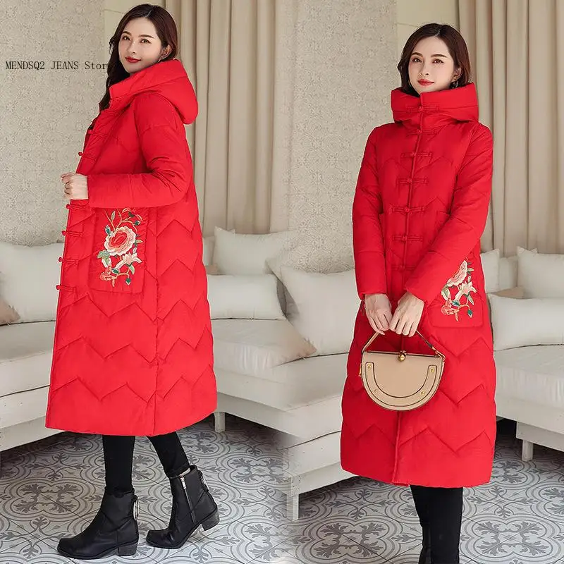 Winter Retro Ethnic Style Embroidery Long Over The Knee Chinese Style Jacket Cotton Jacket for Women
