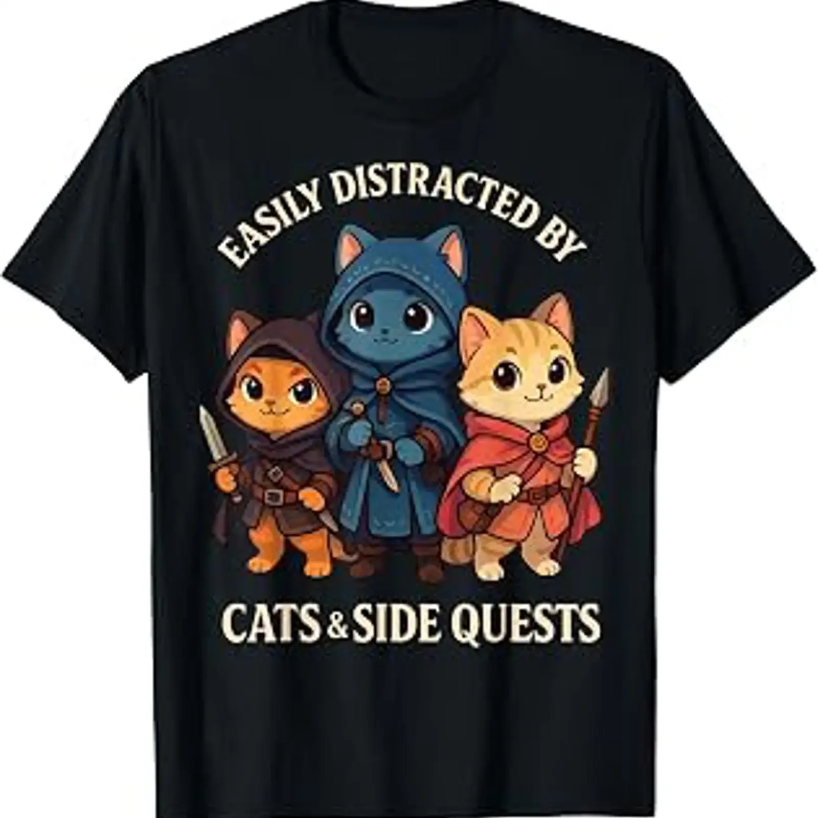 Easily Distracted by Cats Side Quests Role Playing Fantasy T Shirt vintage Washed Stretched Unisex Casual graphic