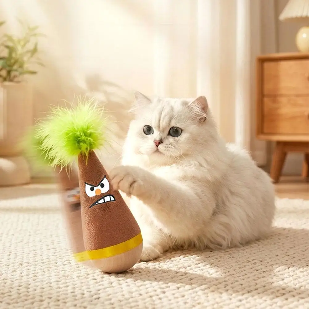 Interactive Cat Tumbler Toy Solid Wood Base Plush Feather Self Righting Motion Mental Physical Stimulation Play