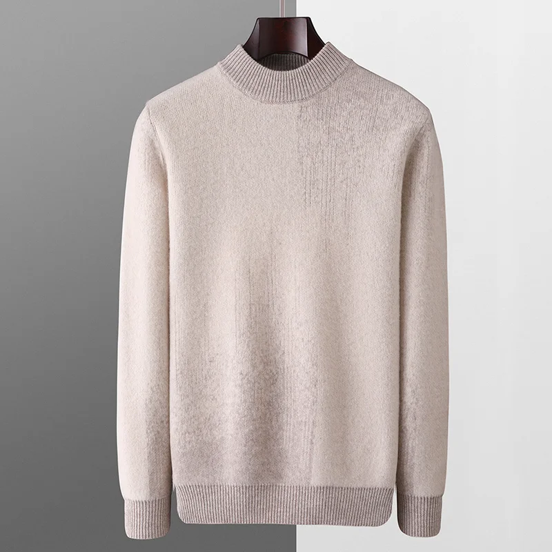 100% Pure Wool Sweater Men's Semi-high Neck Autumn / Winter New Gradient Colour Pullover Loose Knitted Long Sleeve Thick jacket