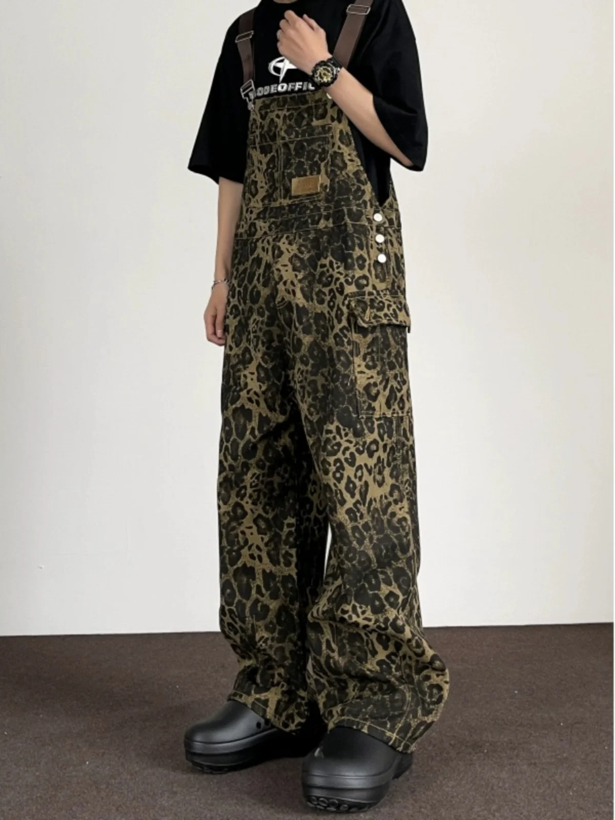 American Street Style Leopard Print Workwear Overalls Men Summer High Street Wide Leg Jeans High End Straight Leg Pants