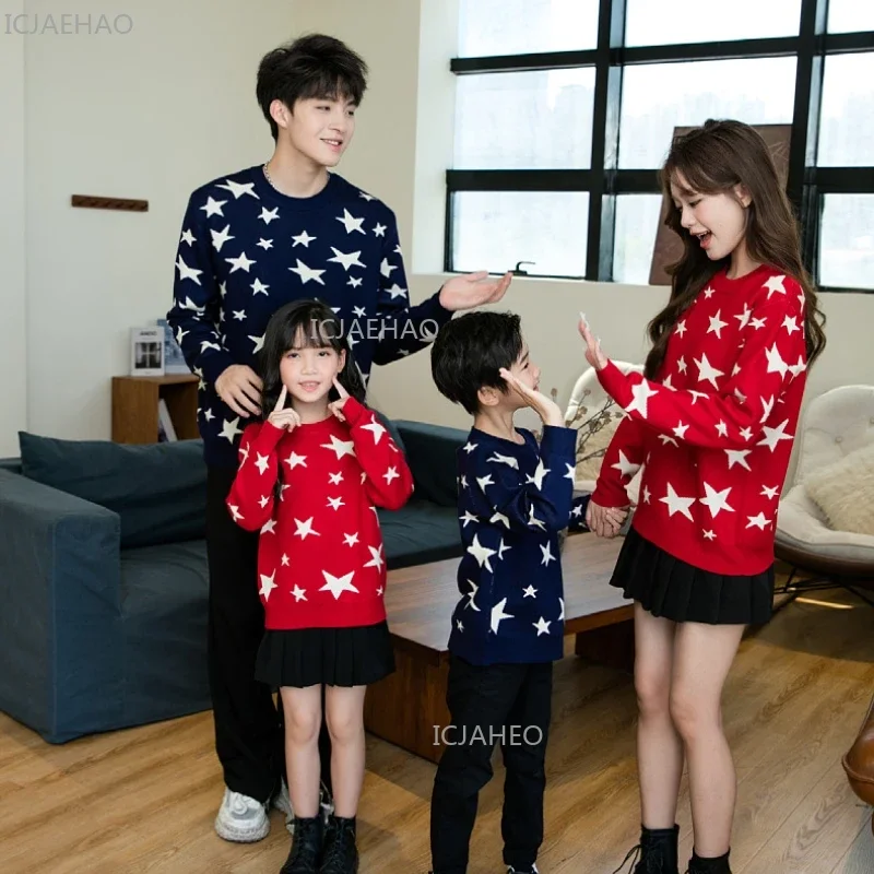 Christmas Sweater for The Whole Family  Mom and Daughter Matching Knitwear Dad and Son Jumper Five-pointed Star Print Knit Tops
