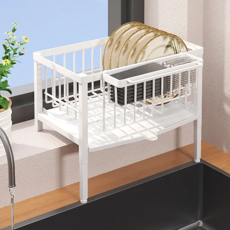 2 Tier Dish Drying Rack Over Sink with Drainboard and Cutlery Holder for Kitchen Counter Window Sill Organizer