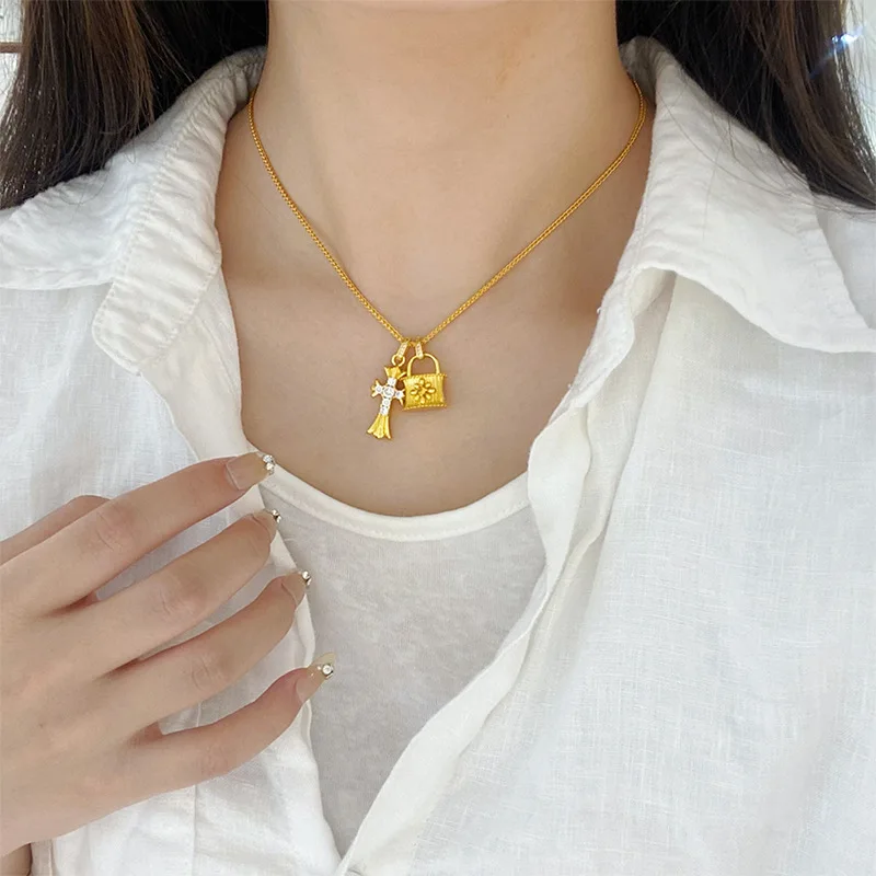 Light luxury unique fashion exquisite brushed zircon cross pendant copper necklace and collar chain for women