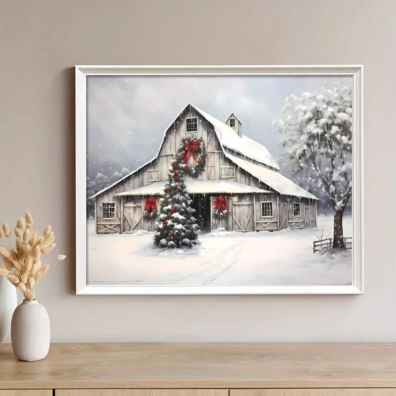 1PC ingelijste kerst canvas muur kunst kerst rustieke rode schuur poster slaapkamer woonkamer hal ideaal cadeau kamer decoratie