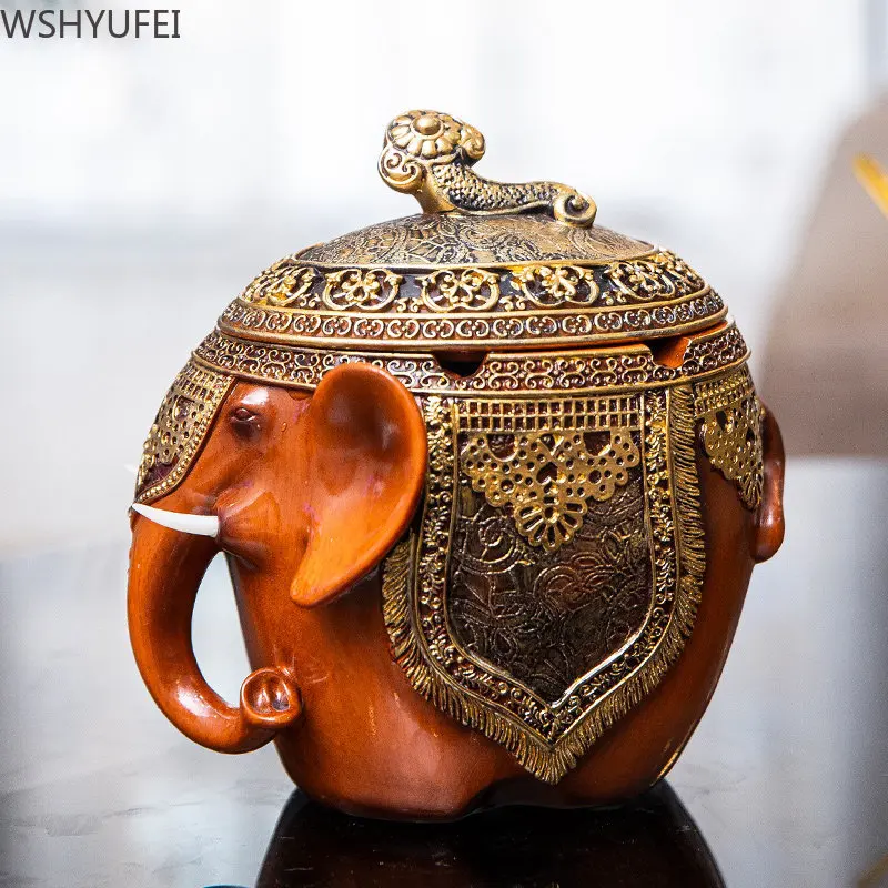 Household Elephant Ashtray Anti Fly Ash Large Covered Ashtray Desktop Chinese Style Ornaments Painted Resin Crafts Give A Gift