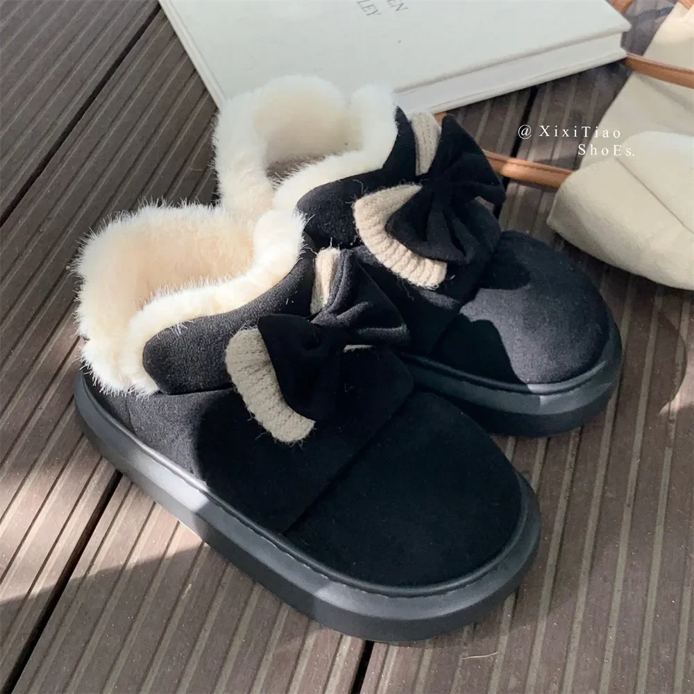 Outer wear cute bow fashion simple snow boots female winter new velvet thickened warm short cylinder cotton boots