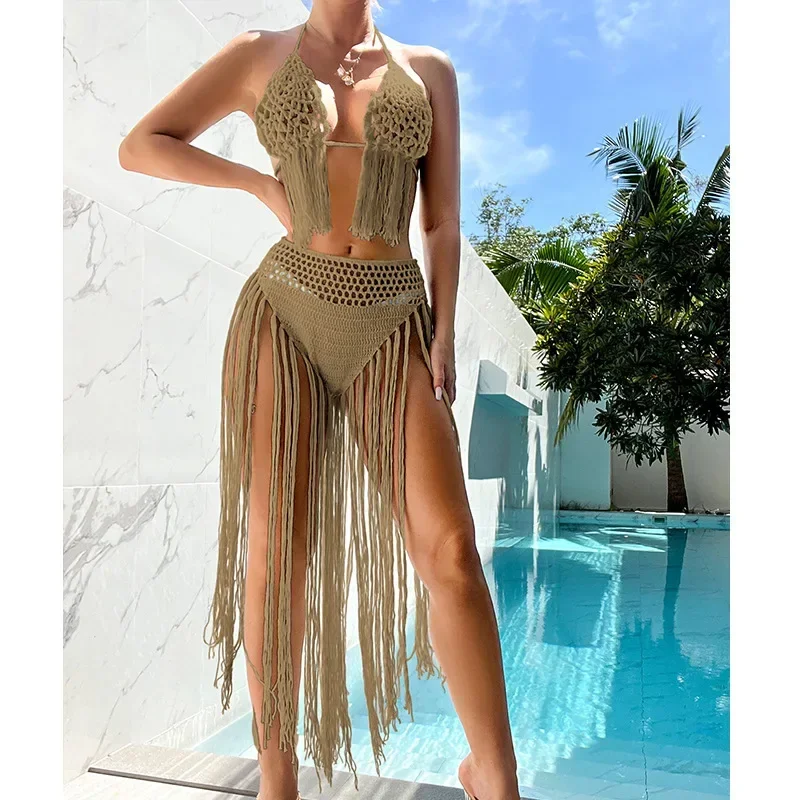 Two Piece Knit Crochet Swimsuits for Women 2023 Beachwear Push Up Halter Tie Up Tassel Bra with Bottom Cover Up Bikini Sets