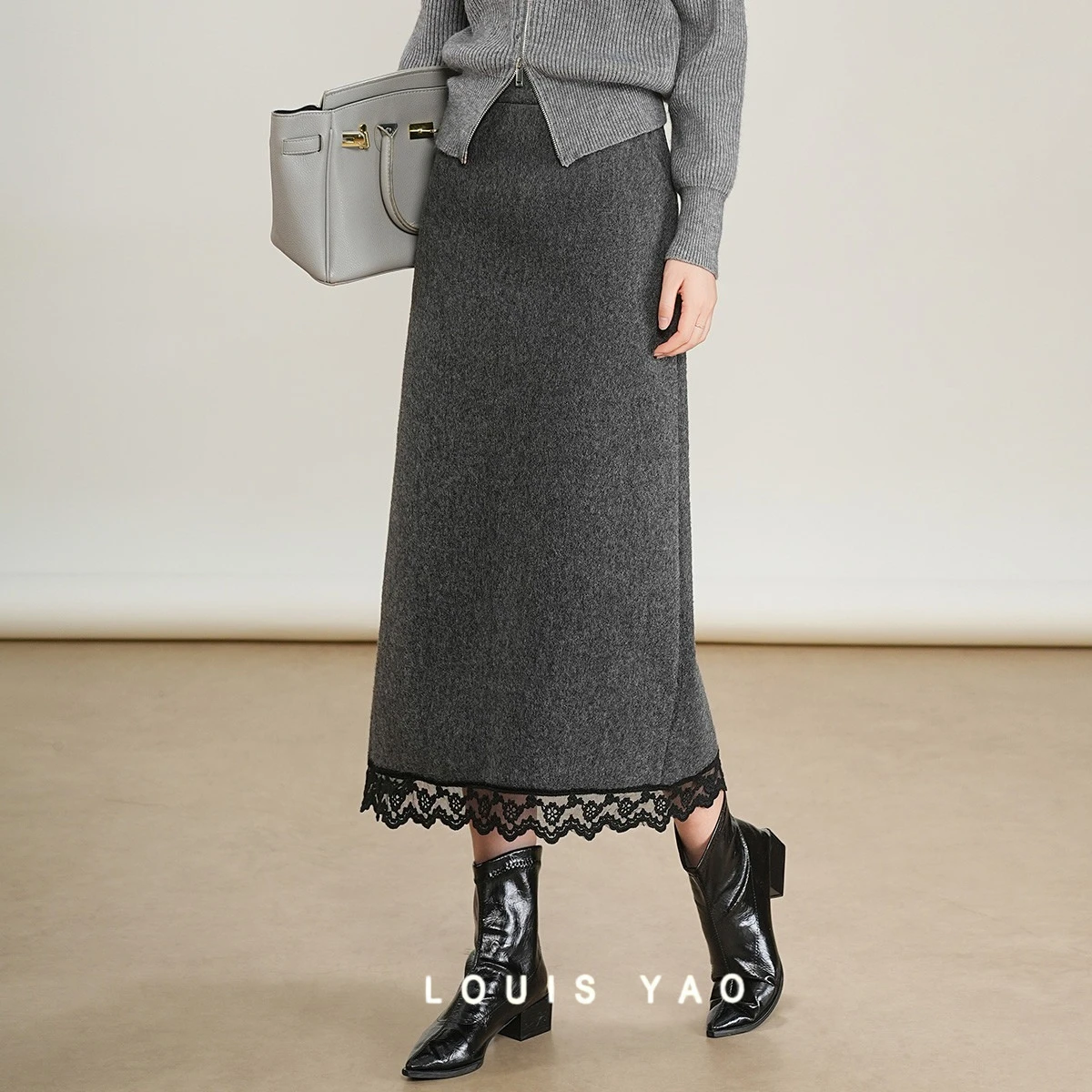 

LOUIS YAO New Waist Back Center Back Slit Skirt 2025 Autumn/Winter Lace-Trimmed Midi Skirt Sweet High Waist Women's Skir