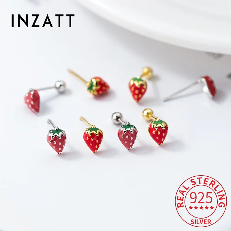 

INZATT Real 925 Sterling Silver Strawberry Bead Screw Mini 18K Stud Earrings for Women Trendy Fine Jewelry Fruit Accessories