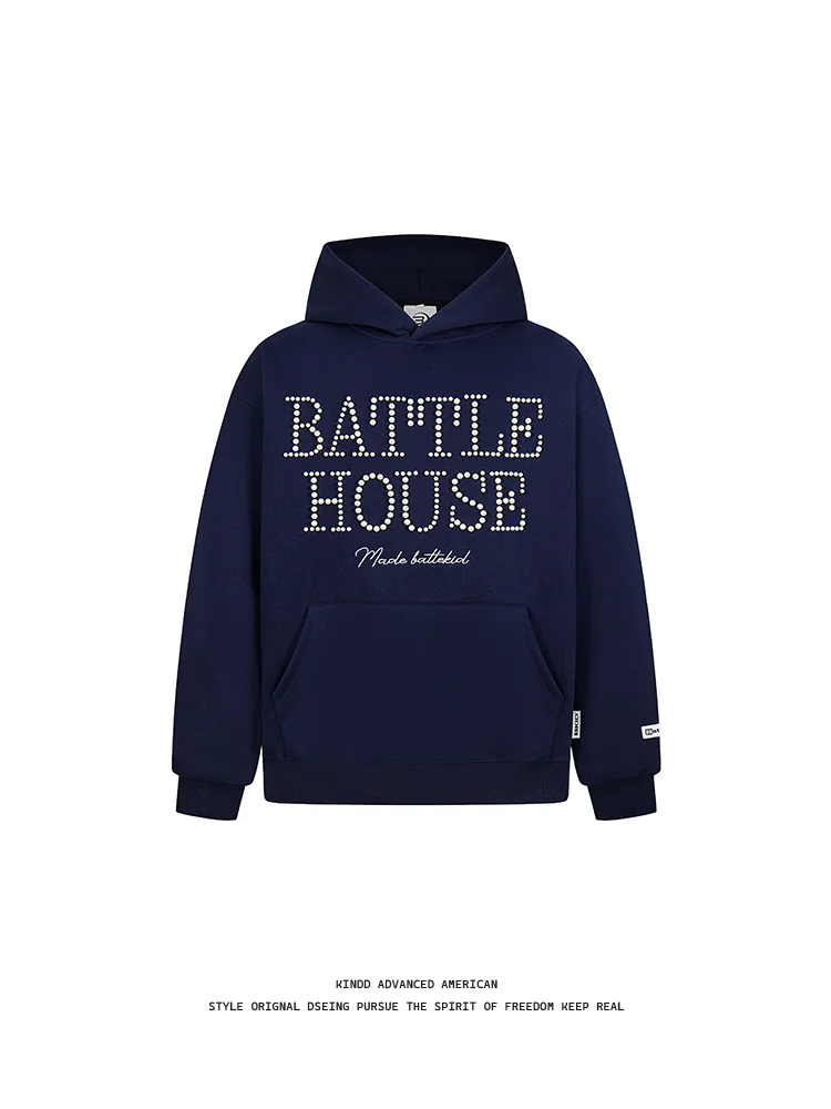 American Retro Heavy Industry Letter Beaded Design Hooded Sweatshirt Spring and Autumn Fashion Trend Loose Casual Top Unisex