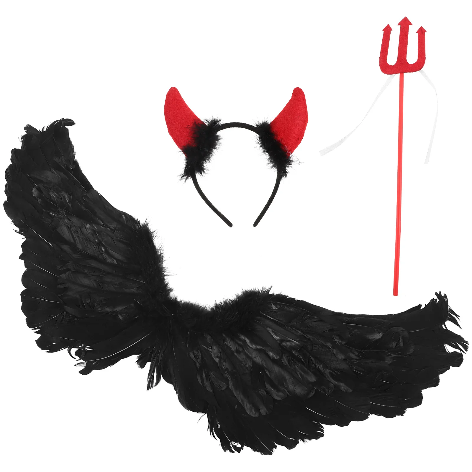 

1Set Demon Decoration Black Kids Halloween Costume Accessories Horn Headband Feathered Wing Plastic Fork for Cosplay