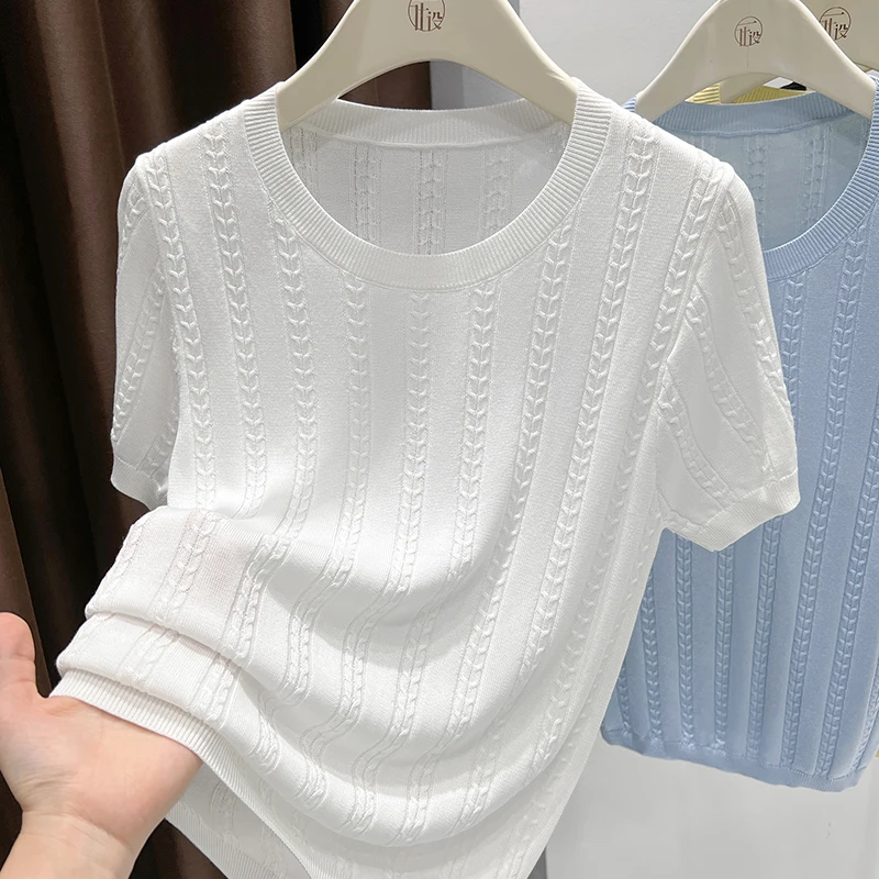 

Shoulder round neck short sleeved T-shirt for women in summer, thin design, Lyocell Tencel knit sweater, fashionable dopamine ye