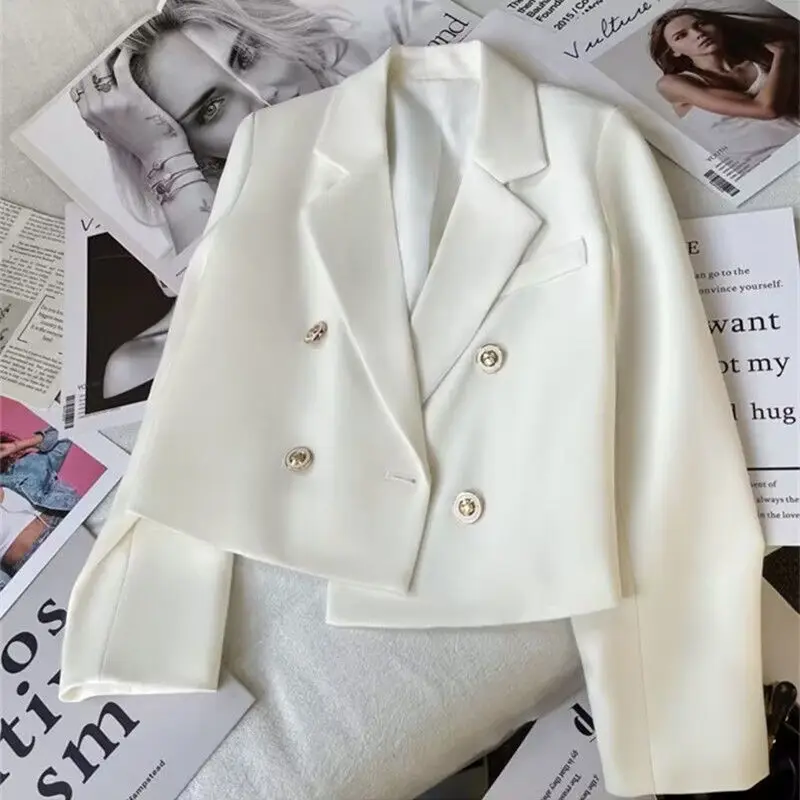 

2025 Spring Autumn New Double-breasted Solid Color Versatile Skinny Short Long Sleeve Suit Jacket Women's Foreign Senior Sense