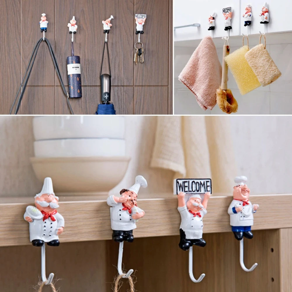 New Cartoon Chef Shaped Hook Powerful Adhesive Wall Key Holder Kitchen Bathroom Storage Door Clothes Coat Hat Hanger Towel Hooks