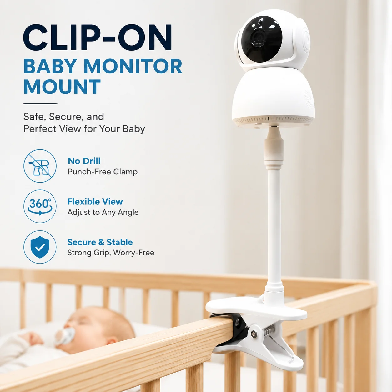 Clip-On Camera Mount for Baby Monitor, No Drill Infant Monitor Holder with 1/4