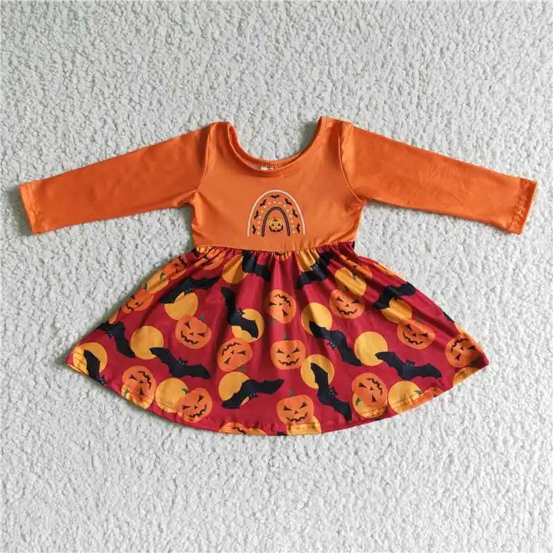 

Daily Wear Happy Halloween Good Quality Boutique Dress Pumpkin And Bat Long sleeve Tght Dress For Kids Unique Beautiful Dresses