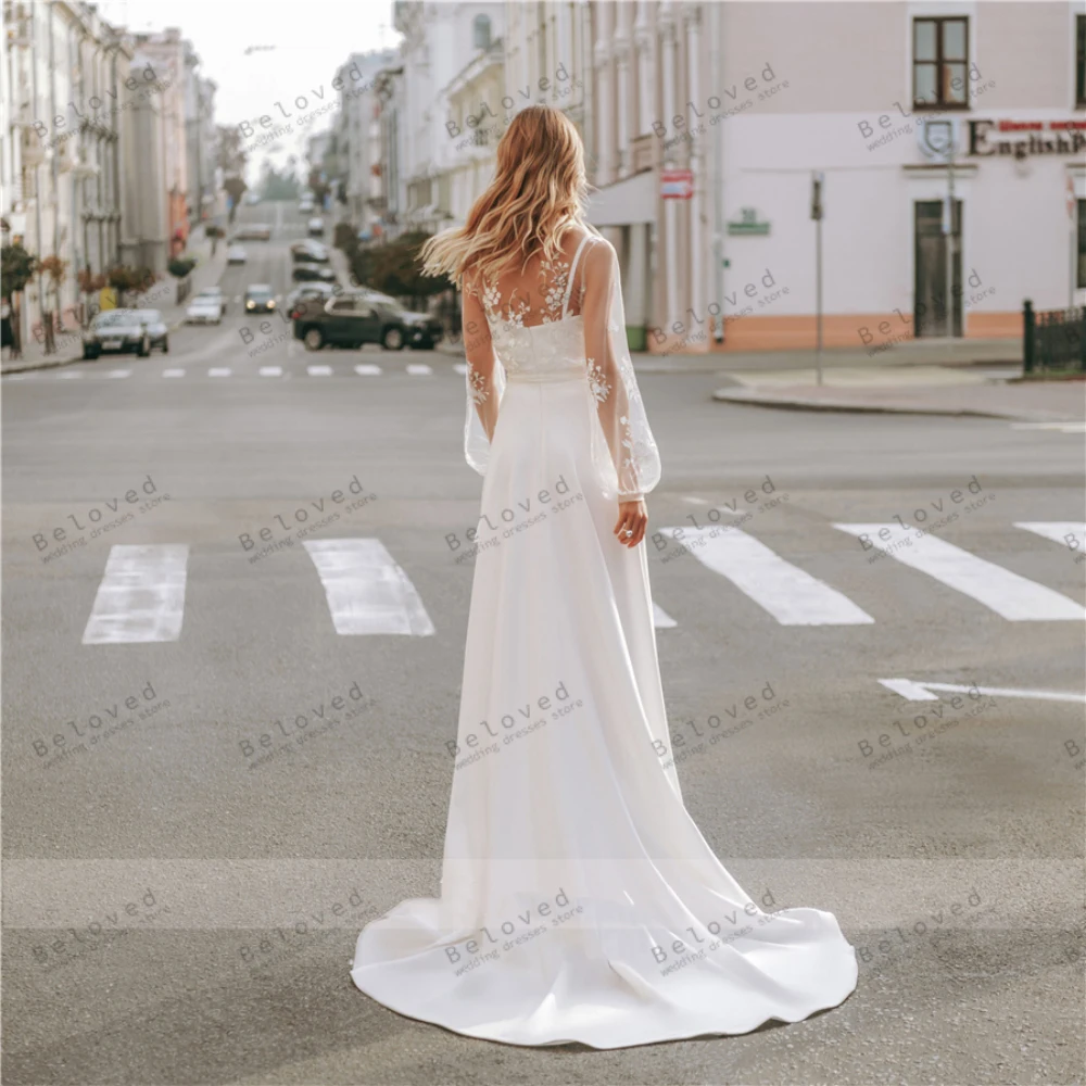 Vestidos De Novia clásicos De satén, Vestidos De Novia con apliques De encaje, cuello De barco, vaina De sirena, mangas largas abullonadas, elegantes Vestidos De Novia