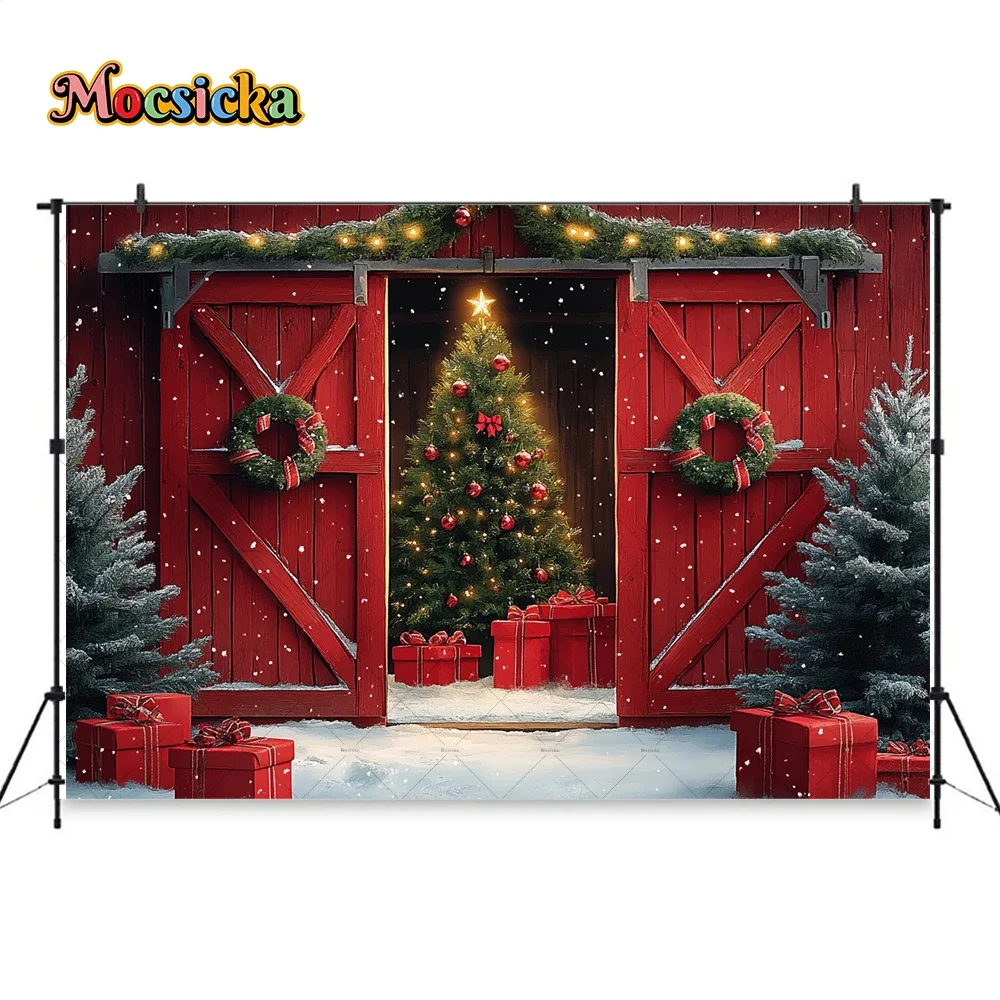 Red Xmas Barn Door Background Photography Wooden House Xmas Tree Gift Snowy Backdrop New Year Night Kid Family Photo Studio Prop