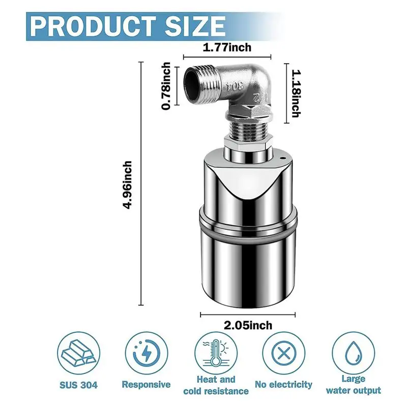 AT13 Automatic Water Level Control Valve 1/2 Inch Stainless Steel Float Ball Valve For Tank Swimming Pool Elbow
