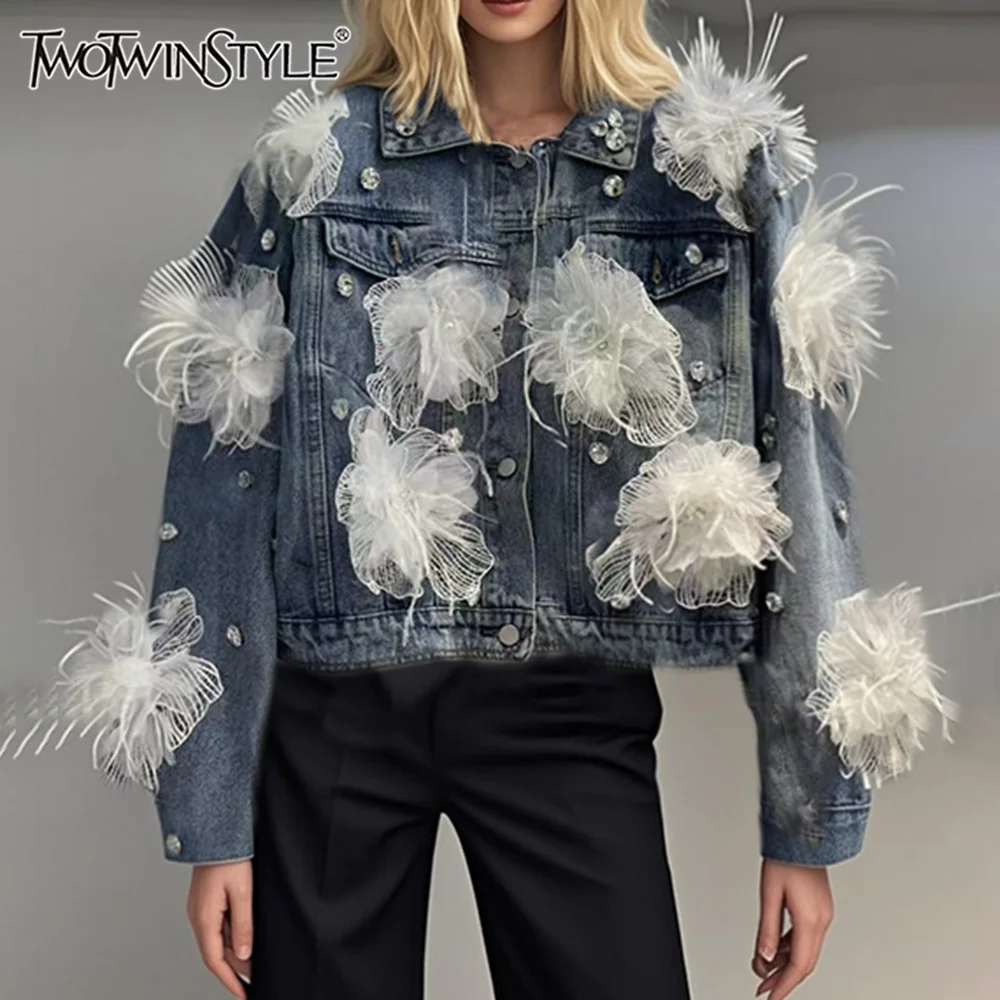 

TWOTWINSTYLE Hit Color Loose Spliced 3D Flower Jackets for Women Lapel Long Sleeves Patchwork Bead Fashion Jacket Female Clothes