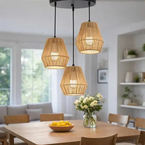 3-Lights Boho Pendant Light Rattan Lamp Shade for Pendant Light Dining Room Dining Table Lamp E27 Base for Bedroom Living Room