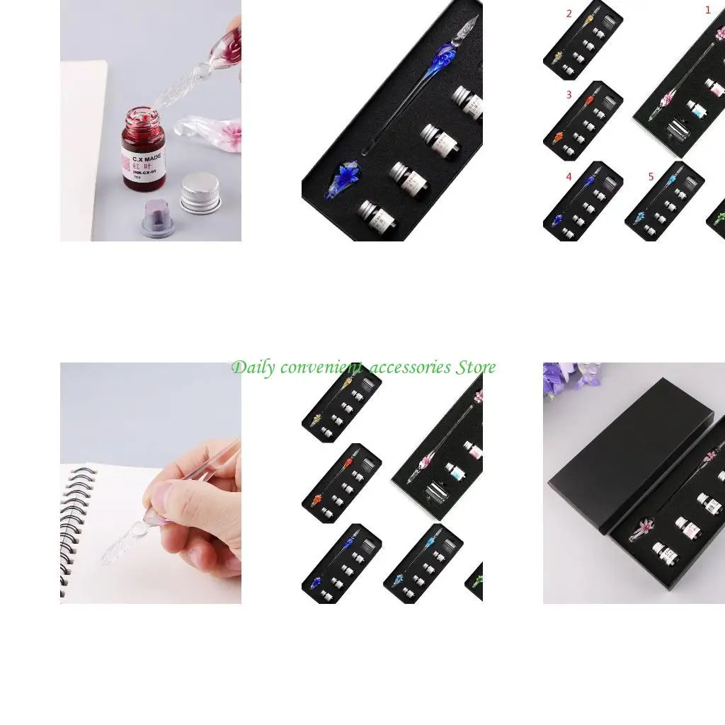 

97QB 7PCS/SET Handmade Floral Glass Pen Dip Writing Pens Set for School