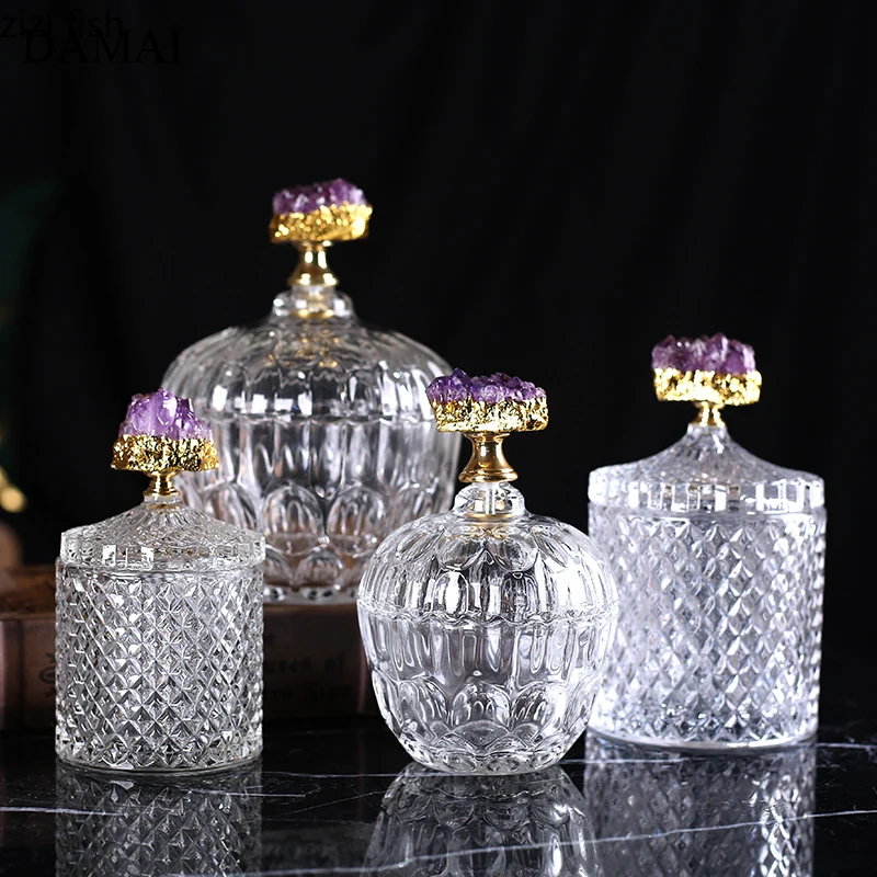 Natural Crystal Decorative Glass Jars with Lid Simple Candy Pot Tea Leaf Storage Grain Dispenser Coffee Table Decorations