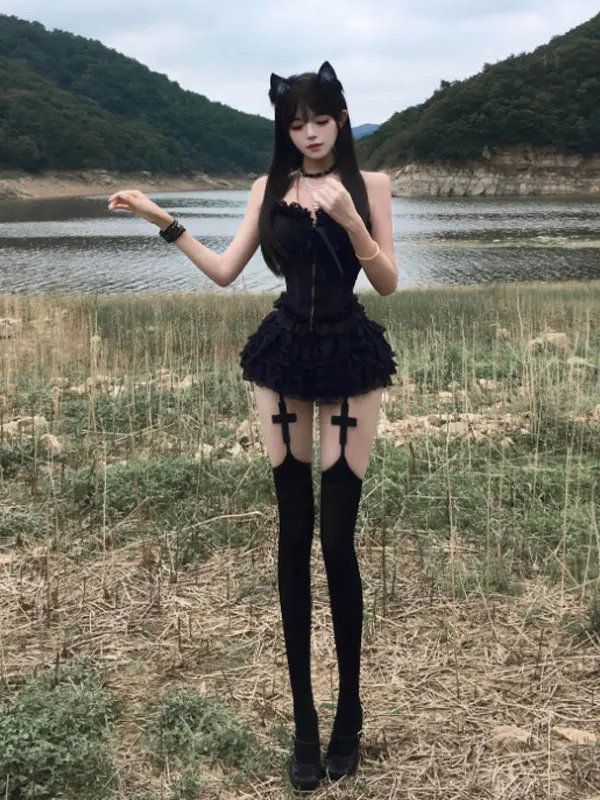 

Sexy Spicy Girl Pure Desire Fashion Set Unique Half Skirt Tube Top Two Piece Summer Outfit Breathable Comfortable Cotton Blend