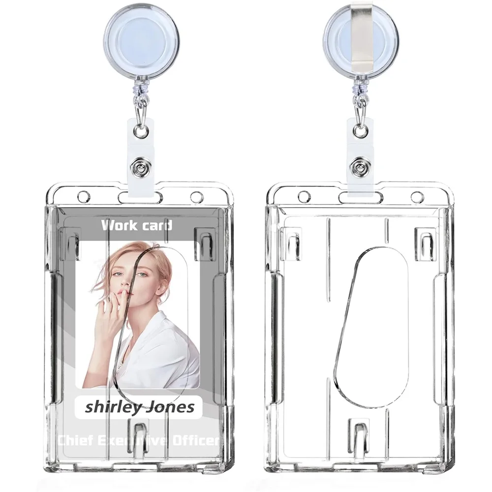 Clear ID Card Holder with Retractable Translucent Reel,PC Hard Plastic Case for Office, School, Hospital, Credit Cards