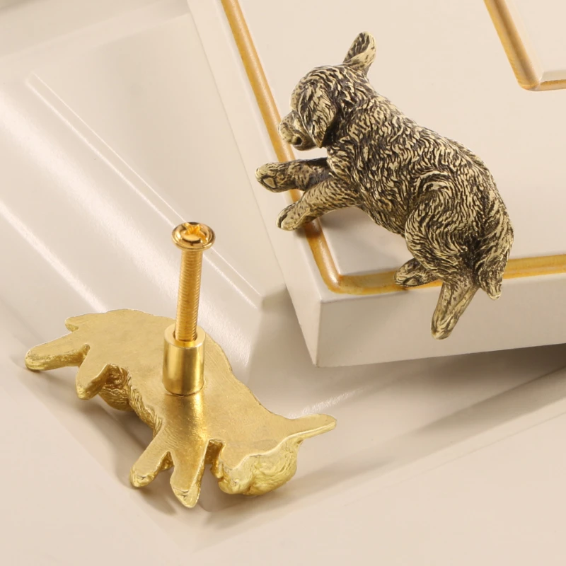 Golden Dog Furnitue Handle and Knob Full Brass Wardrobe Knobs Single Hole Animal Drawer Cupboard Door Handles Kitchen Pulls