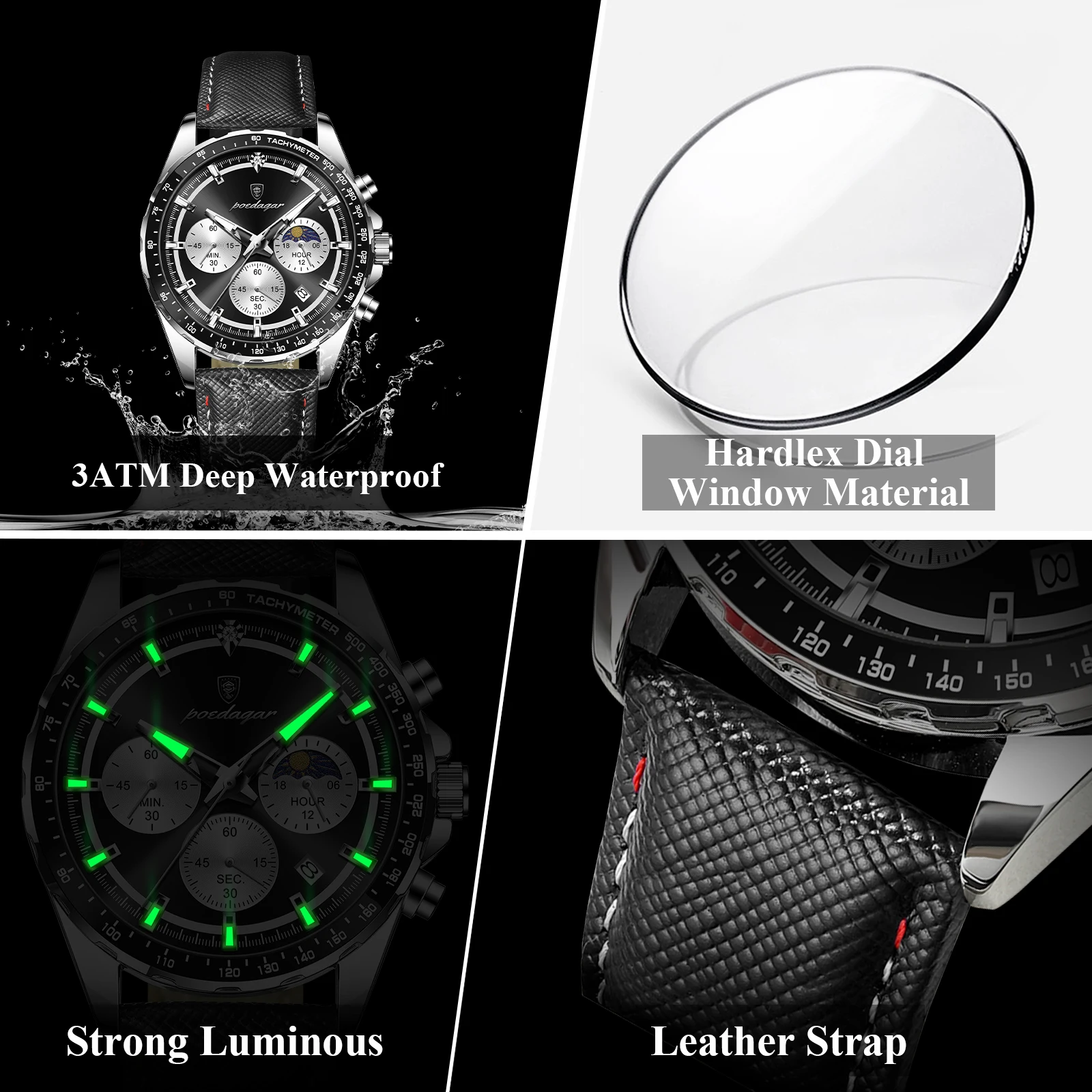 Men's Luminous Waterproof Chronograph Leather Wristwatch