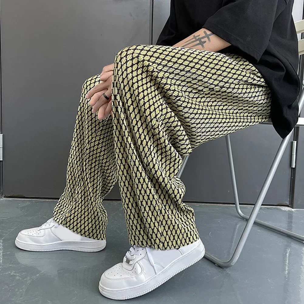 Mens Ice Silk Plaid Loose Wide Leg Pleated Pants Fashion Hip Hop Y2k Streetwear