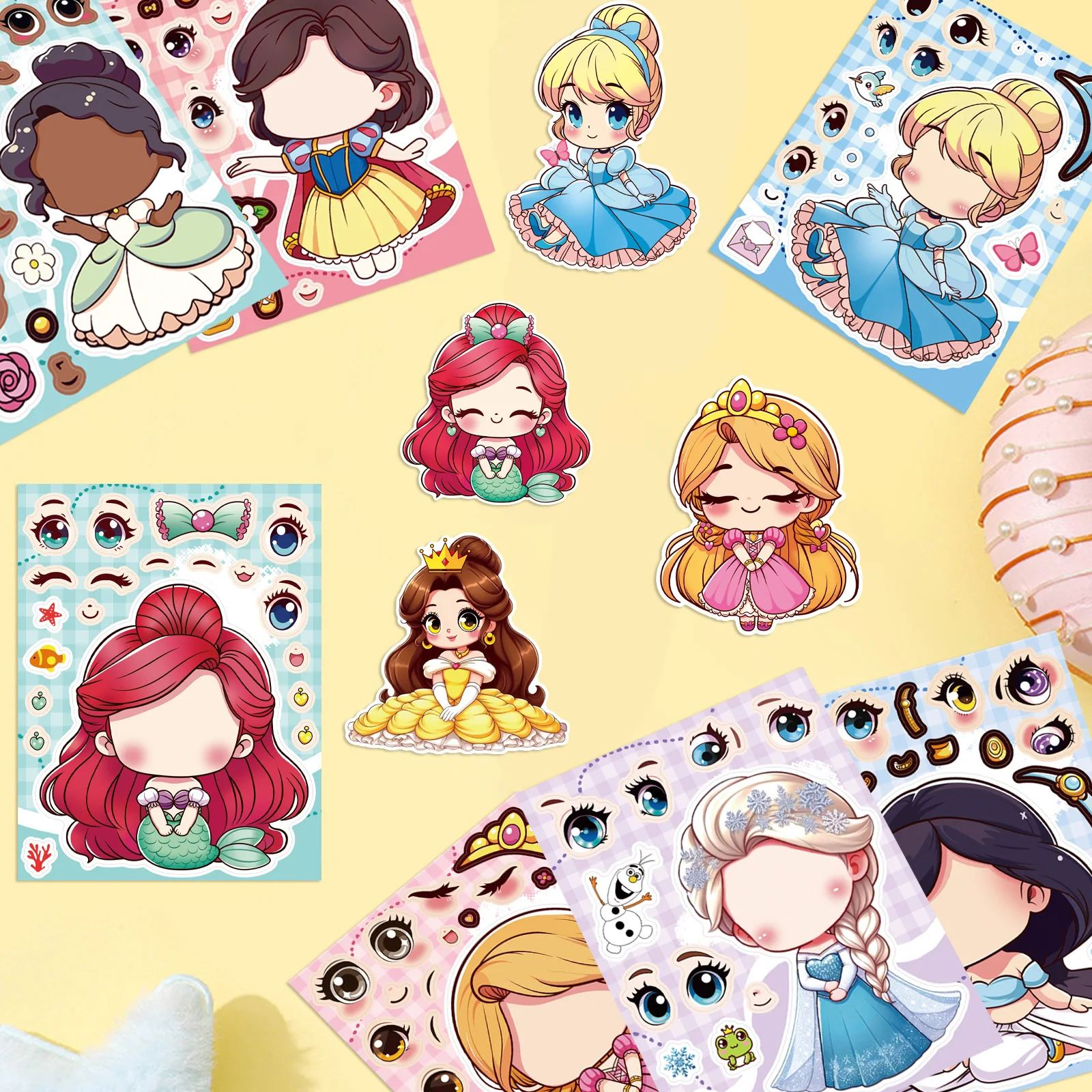 8/24 قطعة ملصقات وجه متغيرة على شكل أميرة كرتونية يمكنك صنعها بنفسك كوب ماء مقاوم للماء ملصقات دفتر قرطاسية للأطفال