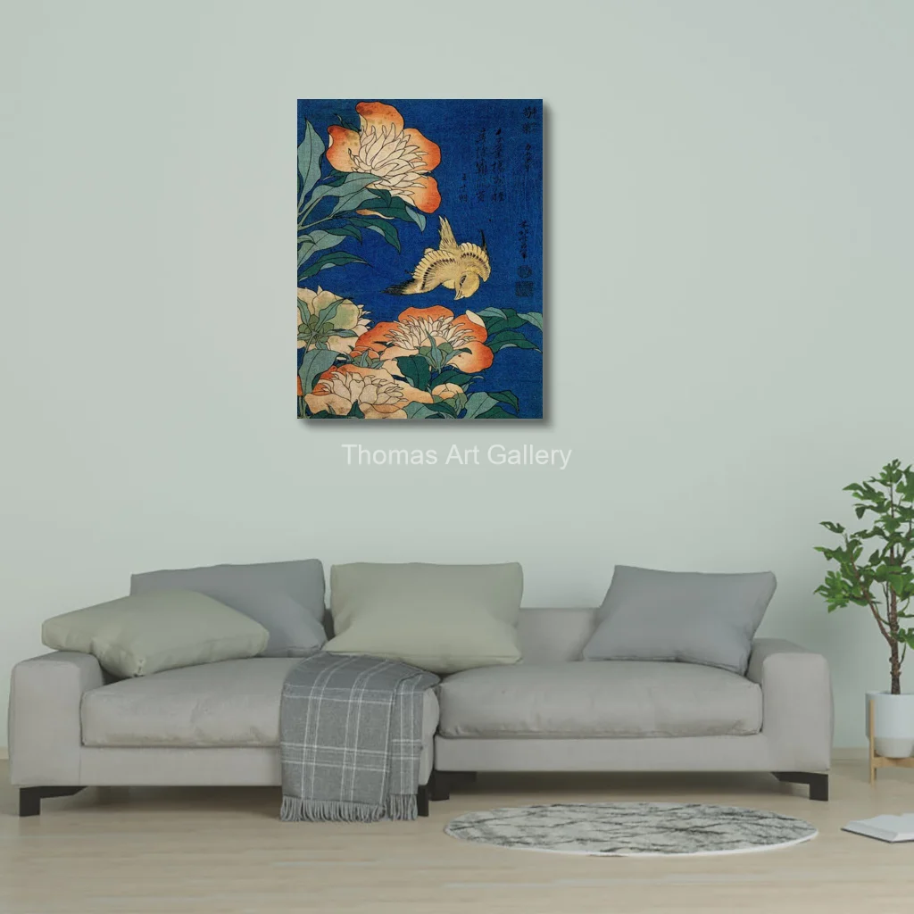 Japanese Minimalist Wall Art Canary and Peony Katsushika Hokusai Painting HD Canvas Prints Modern Decor For Dining Room Study