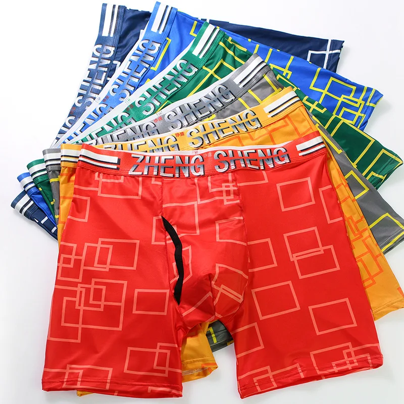 Fashion Print Ice Slik Quick Dry Men Long Boxer Shorts Breathable Elastic Underwear Mens Long Leg Panties Underpants Cueca Homme