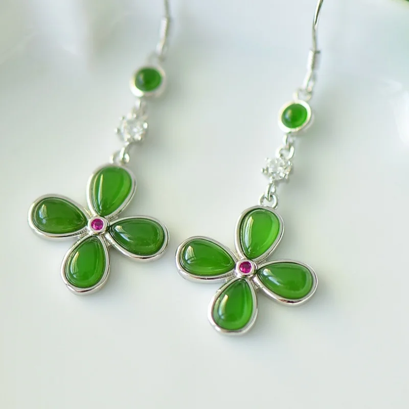 SGARIT Natural Hetian Green Jade S925 Silver 16*45mm Four-Leaf Clover Hook Earrings Fashion Mosaic Design Moissanite Accents