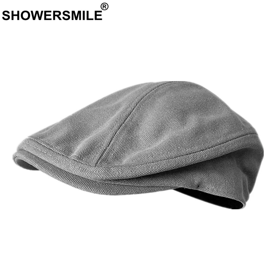 SHOWERSMILE Spring Summer Canvas Flat Cap for Men Beret Hat 100% Cotton Beige Ivy Cap Male Solid Vintage British Brand Hats