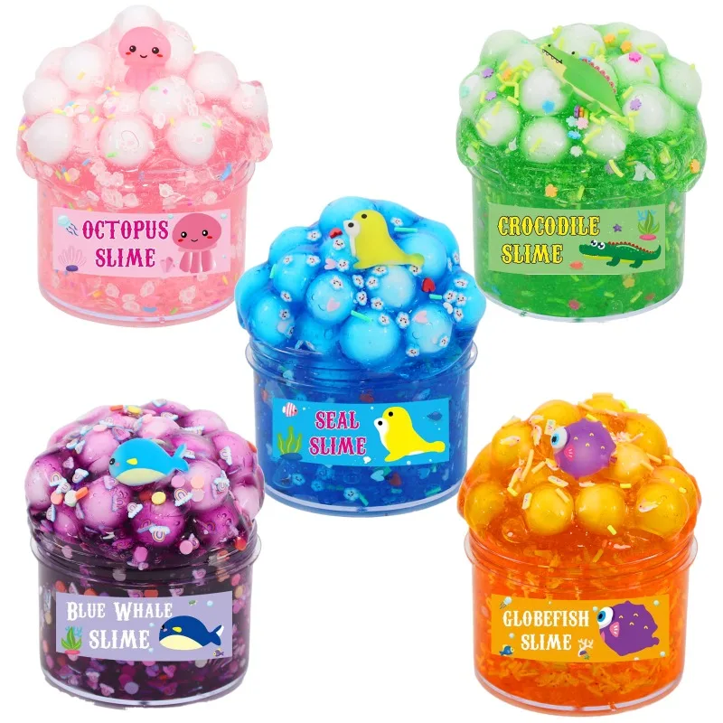 70ml Squishy Slime Prank Sensory Toys Ocean Theme Seal Jellyfish Pufferfish Big Particles Crystal Mud Stress Reliever Toy Gift