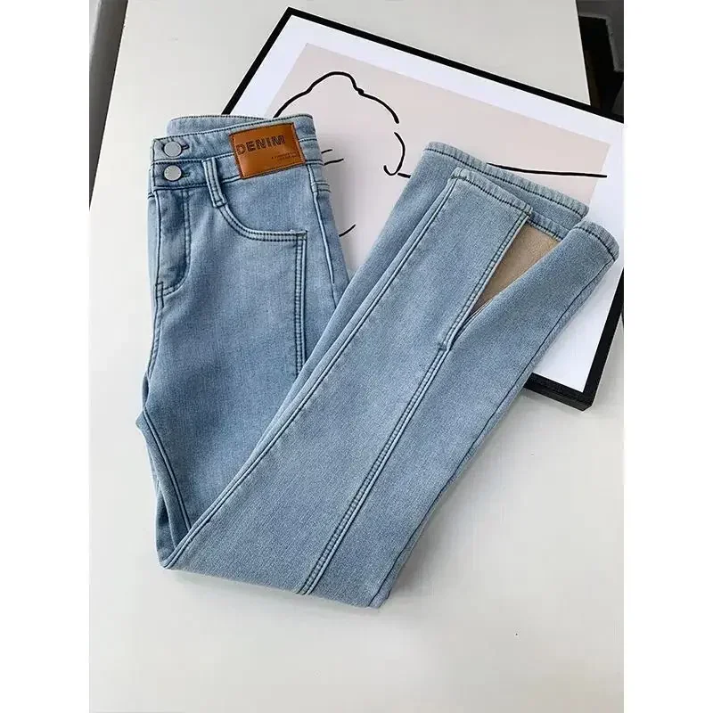 Jeans Women Split Jeans Women\'s High Waist Slim Elastic Pants Autumn Winter New Plush Thickened Flare Wide Leg Pants