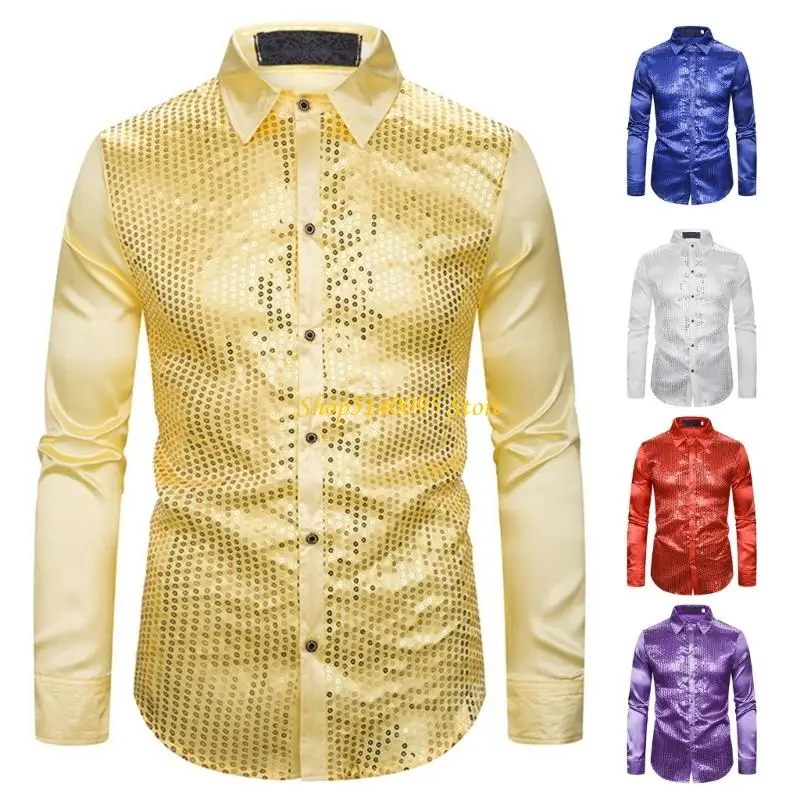 

DXAE Men's Shines Sequins Design Silk Like Satins Button Up Disco Party Dress Shirt
