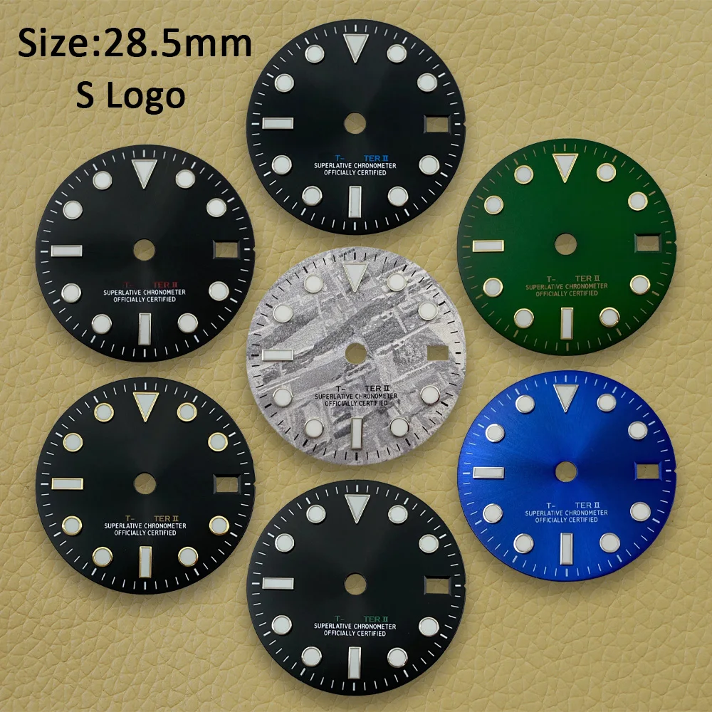 28.5mm S Logo Meteorite GMT Dial Fit NH34 Movement Ice Blue Luminous Watch Modification Accessories