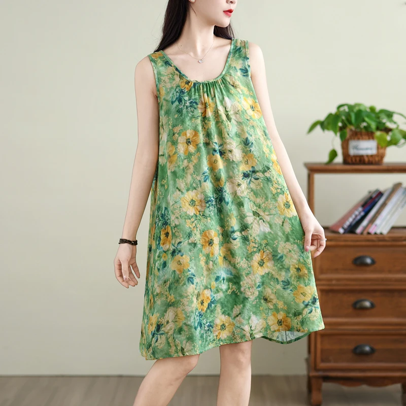 

Высококачественные антивозрастные женские летние свободные бретели больших размеров трапециевидной формы Dr Svel из хлопка и льна с круглым принтом Dr